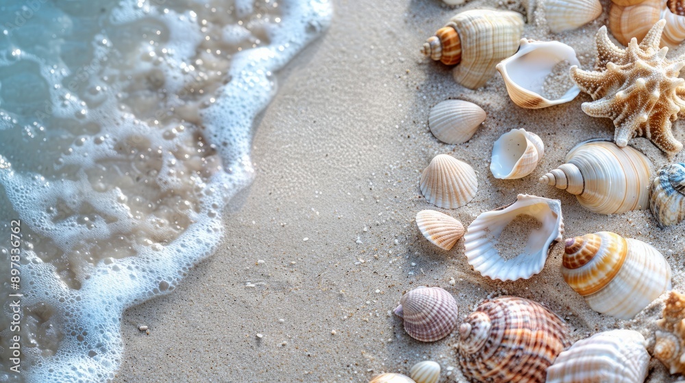 Seashells scattered on sandy beach by the ocean