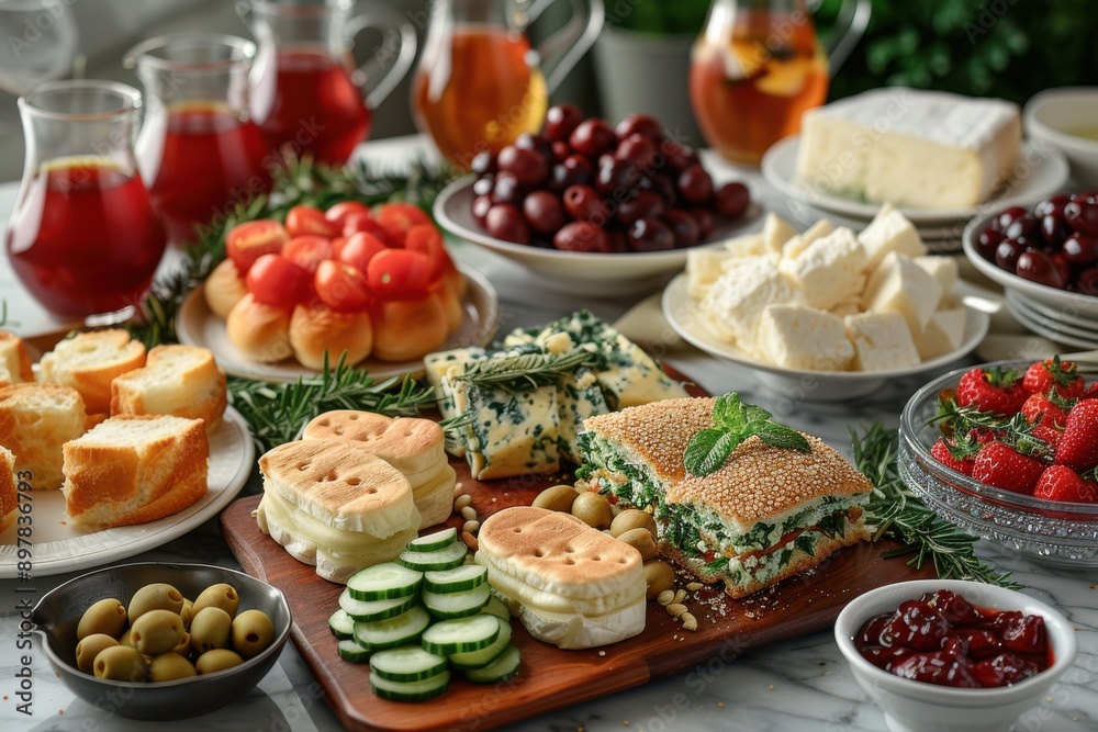A delightful traditional Turkish breakfast spread featuring cheeses, olives, bread, tomatoes, and fresh herbs. 