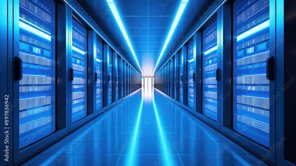 A parallel row of servers, adorned in electric blue, fills a technology-driven data center hallway with a symmetrical display of power and Azure technology. A parallel row of servers, adorned in electric blue, fills a technology-driven data center hallway with a symmetrical display of power and Azure technology.