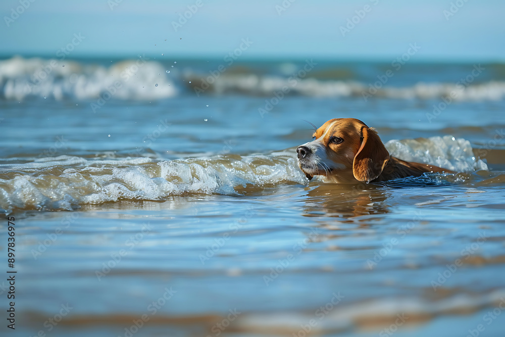 A dog playfully navigating the ocean waves, relishing a refreshing swim in the sea on an overcast day. A dog playfully navigating the ocean waves, relishing a refreshing swim in the sea on an overcast day.