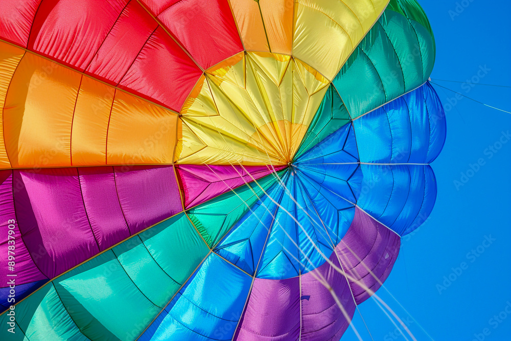 Fototapeta premium A Vibrant Multicolored Parachute in Mid-air Parasailing in Sky