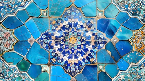 Traditional Persian mosaic wall with geometric and floral designs in Iran Blue ceramic tile background.