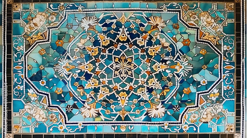 Traditional Persian mosaic wall with geometric and floral designs in Iran Blue ceramic tile background.