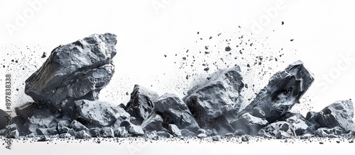 Rock stone white background fall black falling space isolated splash dust mountain cliff flying. Earth stone boulder texture rock abstract broken powder white dirt blast float burst fantasy surface