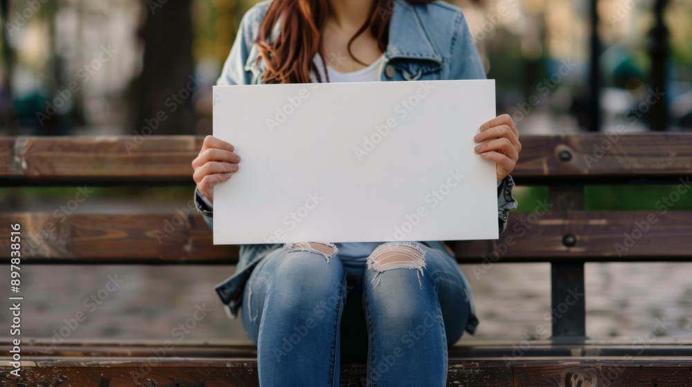 woman sitting on park bench holding blank sign woman sitting on park bench holding blank sign