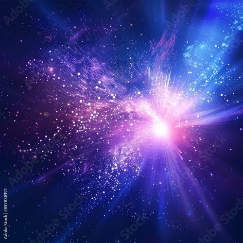 Abstract cosmic background with swirling nebulae, glowing stars and a vibrant burst of light.