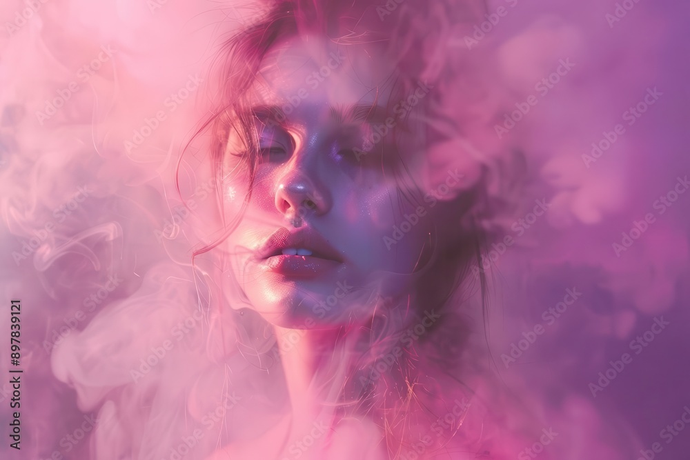 ethereal portrait of a woman emerging from billowing pink smoke creating a dreamy and mysterious atmosphere with soft diffused lighting ethereal portrait of a woman emerging from billowing pink smoke creating a dreamy and mysterious atmosphere with soft diffused lighting