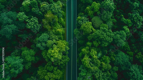 Aerial top view of asphalt road through green forest, healthy rain forest, environment, health, green economy, view of nature ecosystem for save Earth 