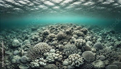 A wide view of a dead coral reef, showcasing the severe impact of ocean acidification.  photo