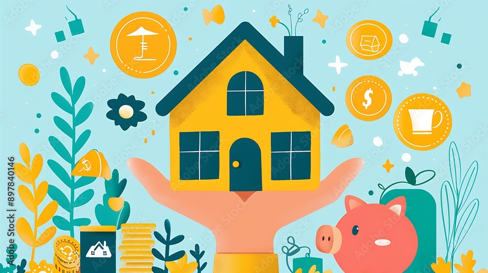 Illustration of a hand holding a house with piggy bank and money symbols around it. Illustration of a hand holding a house with piggy bank and money symbols around it.