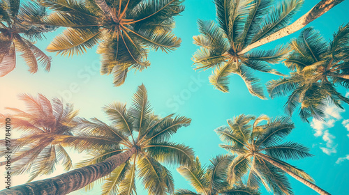 Looking up at blue sky and palm trees, view from below, vintage style, tropical beach and summer background, travel concept