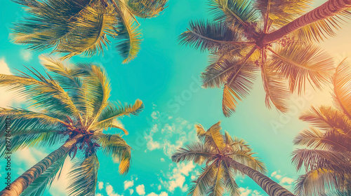 Looking up at blue sky and palm trees, view from below, vintage style, tropical beach and summer background, travel concept