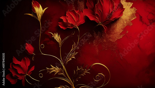 レトロな金箔と退廃の赤い花　AI画像　ジェネレーティブAI