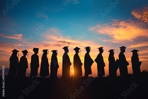 Silhouettes of students with graduate caps in a row on panoramic sunset background. Graduation ceremony at university web banner, class of 2024