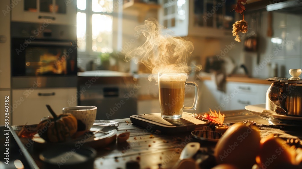 inviting kitchen scene with steaming latte being poured into clear glass surrounded by autumninspired ingredients and warm lighting inviting kitchen scene with steaming latte being poured into clear glass surrounded by autumninspired ingredients and warm lighting