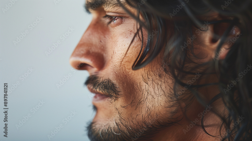 Profile of Pensive Man with Long Hair and Beard Profile of Pensive Man with Long Hair and Beard