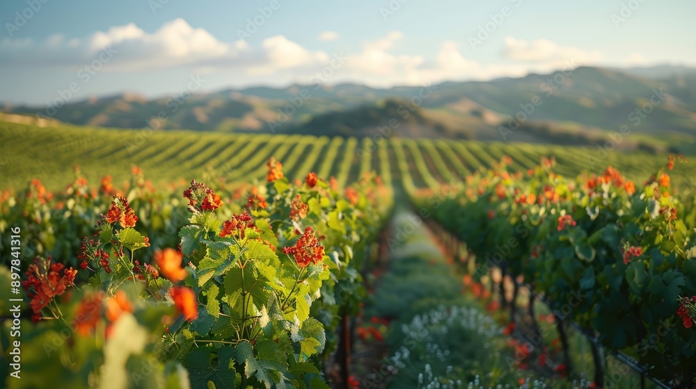Soft focus vineyard with rolling hills