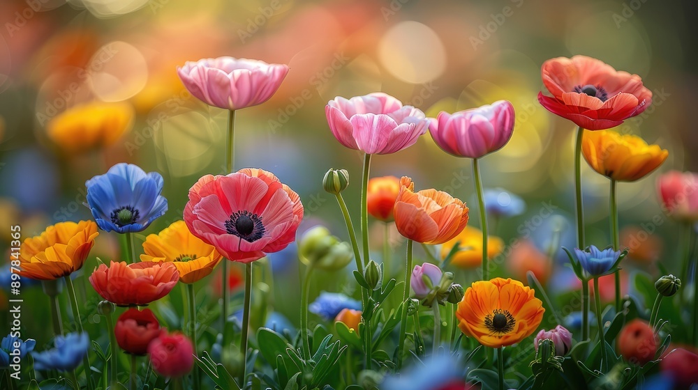 Spring meadow with colorful flowers
