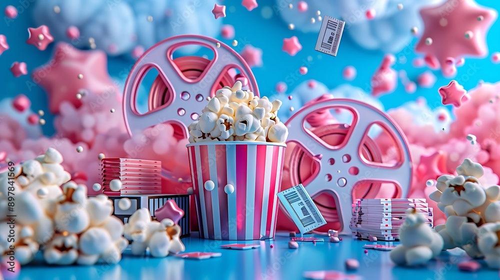A 3D illustration of popcorn, movie tickets, and film reels on a blue background. A 3D illustration of popcorn, movie tickets, and film reels on a blue background.