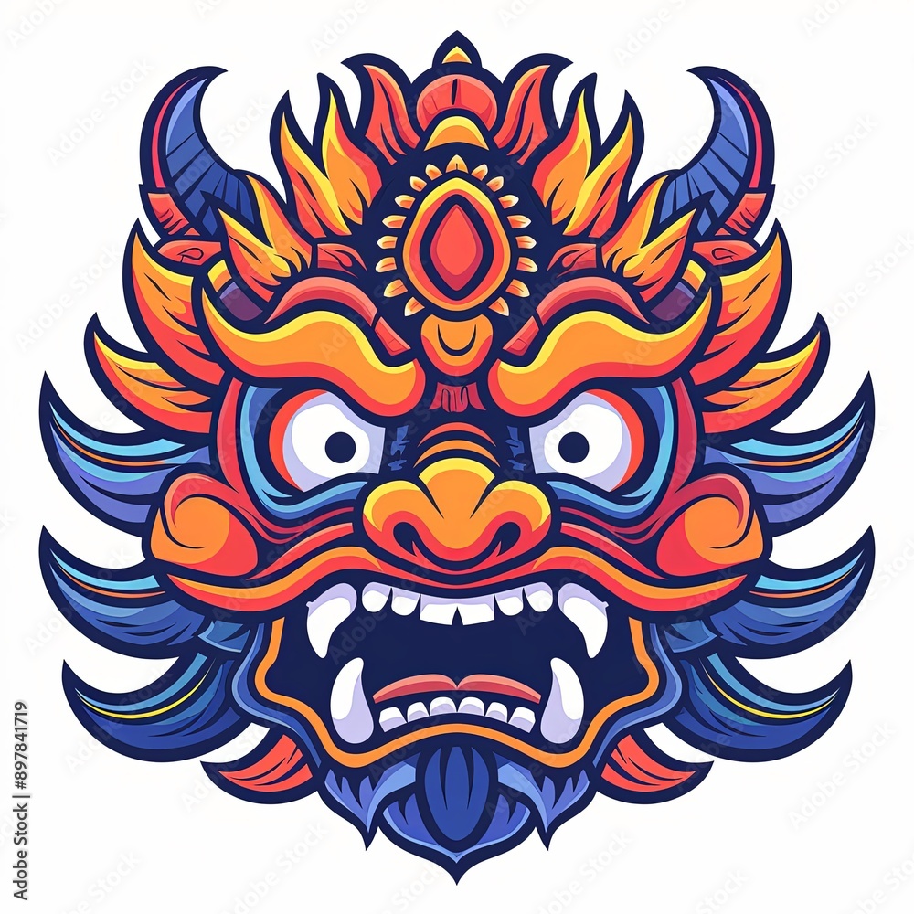 Colorful Illustration of a Traditional Asian Mythical Beast Mask Colorful Illustration of a Traditional Asian Mythical Beast Mask
