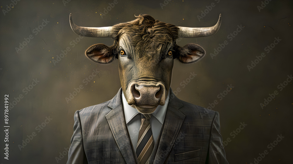 A bull wearing a meticulously detailed business suit complete with a tie and dress shirt set against a dark professional backdrop The bull has a dignified and composed expression A bull wearing a meticulously detailed business suit complete with a tie and dress shirt set against a dark professional backdrop The bull has a dignified and composed expression