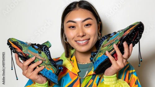 Asian woman holding colorful sneakers, smiling, wearing vibrant patterned jacket, white background, showcasing unique and artistic footwear, enthusiastic and stylish, modern fashion statement.