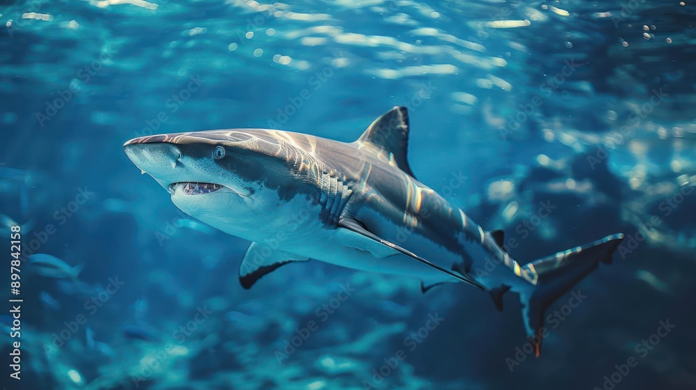 Obraz premium a shark swimming in the water with a lot of fish