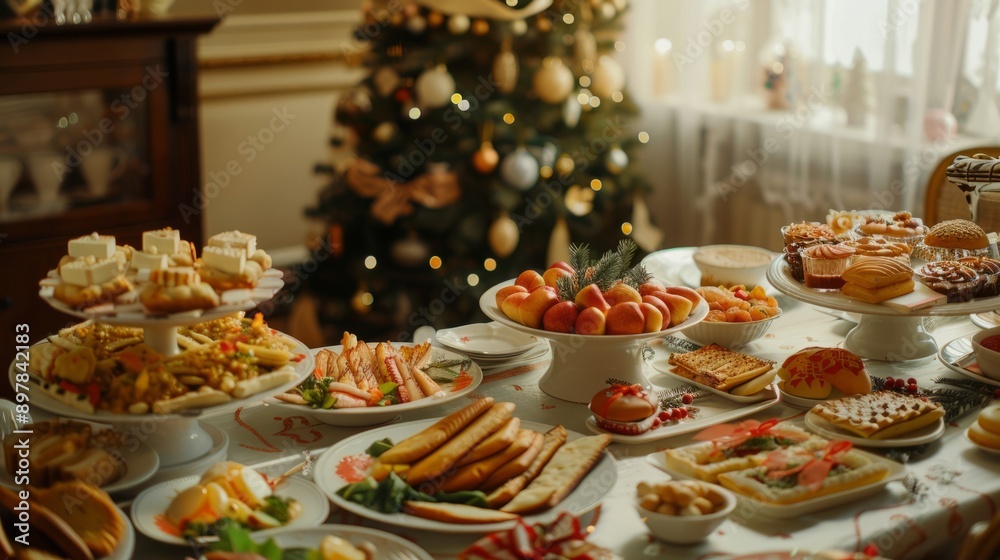 Christmas Dinner table full of dishes with food and snacks, New Year's decor with a Christmas tree on the background Christmas Dinner table full of dishes with food and snacks, New Year's decor with a Christmas tree on the background