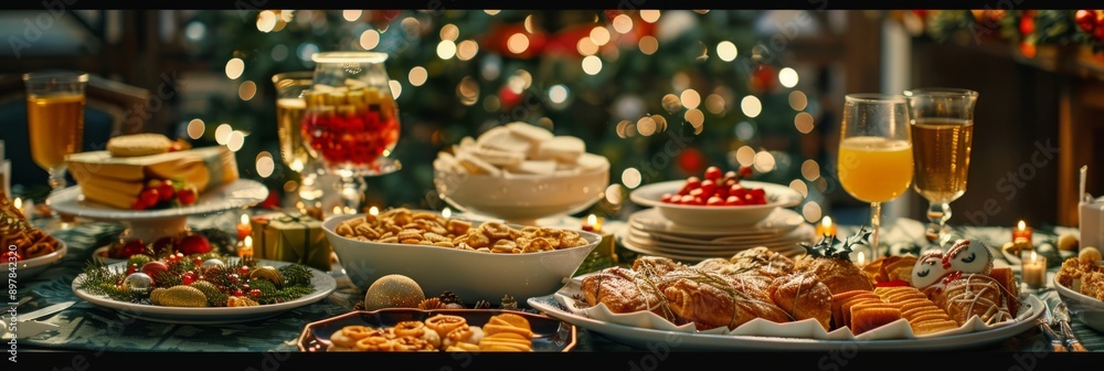 Christmas Dinner table full of dishes with food and snacks, New Year's decor with a Christmas tree on the background Christmas Dinner table full of dishes with food and snacks, New Year's decor with a Christmas tree on the background