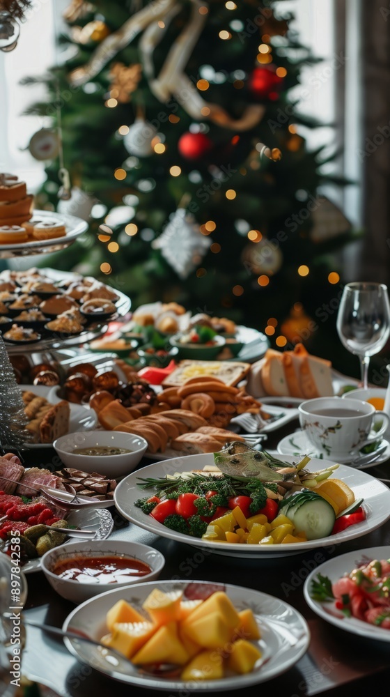 Christmas Dinner table full of dishes with food and snacks, New Year's decor with a Christmas tree on the background Christmas Dinner table full of dishes with food and snacks, New Year's decor with a Christmas tree on the background