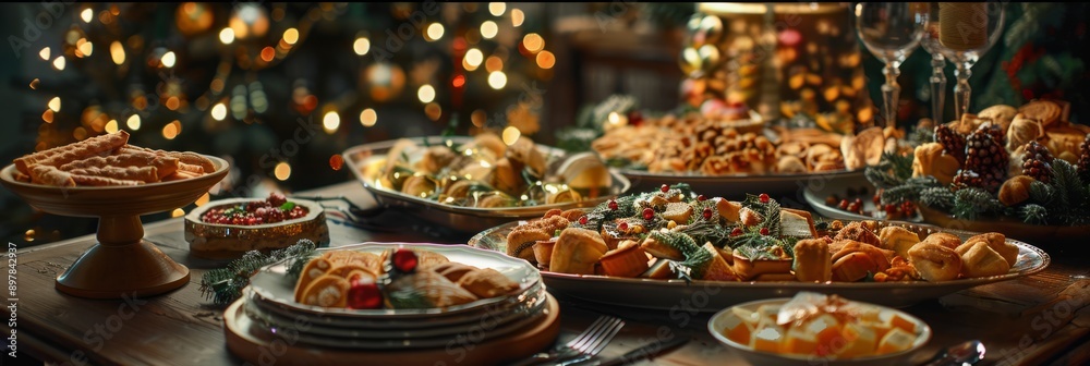 Christmas Dinner table full of dishes with food and snacks, New Year's decor with a Christmas tree on the background Christmas Dinner table full of dishes with food and snacks, New Year's decor with a Christmas tree on the background