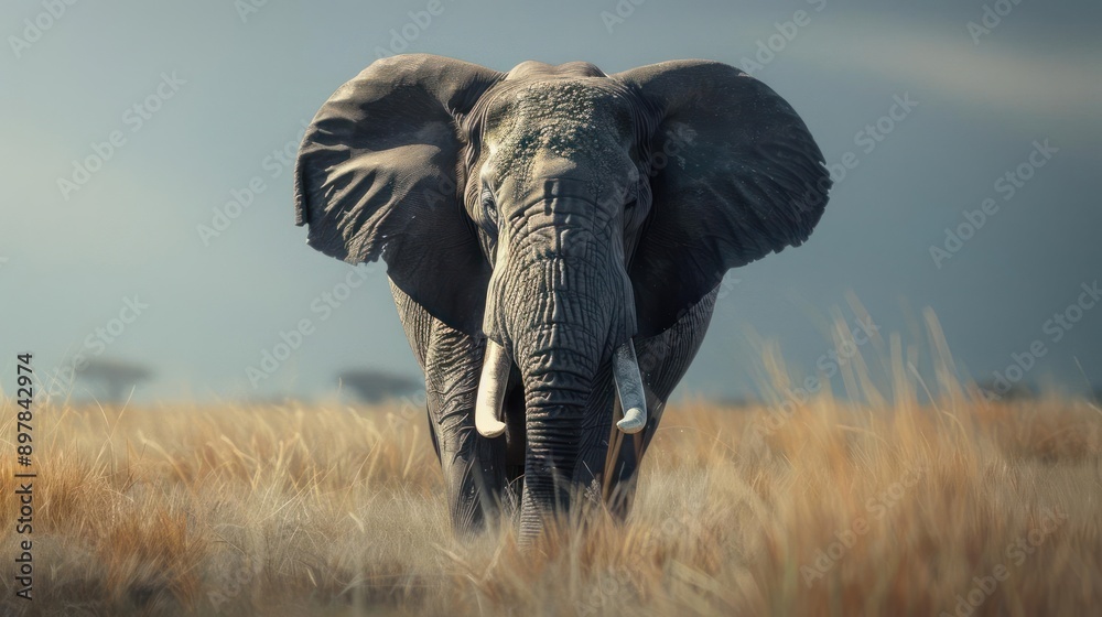 Naklejka premium a large elephant walking through a field of tall grass