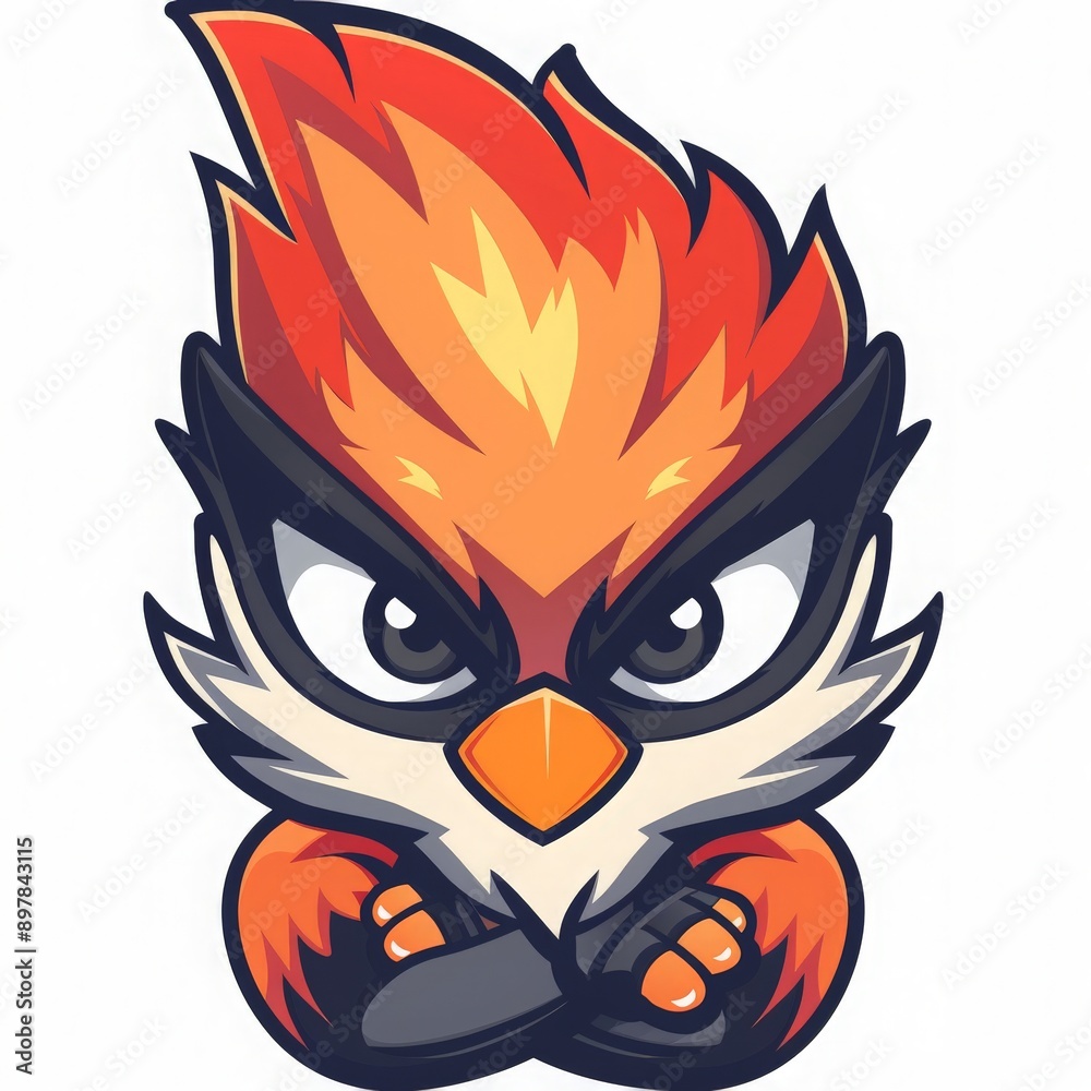 Cartoon Bird Mascot with Fiery Crest and Crossed Arms Cartoon Bird Mascot with Fiery Crest and Crossed Arms