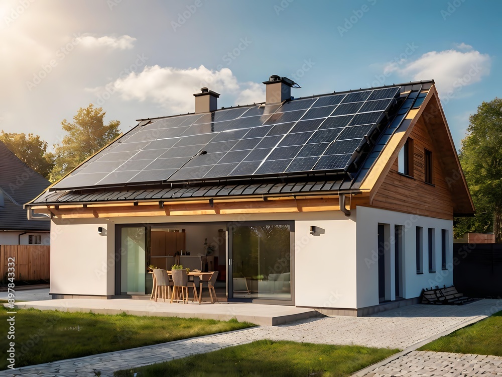 Close-up of a new suburban house with a photovoltaic system on the roof. Simple and modern environmentally friendly house with solar panels on the gable roof, with sunlight during the day Close-up of a new suburban house with a photovoltaic system on the roof. Simple and modern environmentally friendly house with solar panels on the gable roof, with sunlight during the day