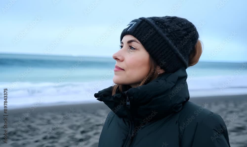 Medium shot portrait of a Russian woman in her 30s in a beach background wearing a warm parka Medium shot portrait of a Russian woman in her 30s in a beach background wearing a warm parka