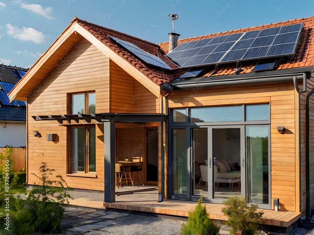 Naklejka premium Close-up of a new suburban house with a photovoltaic system on the roof. Simple and modern environmentally friendly house with solar panels on the gable roof, with sunlight during the day
