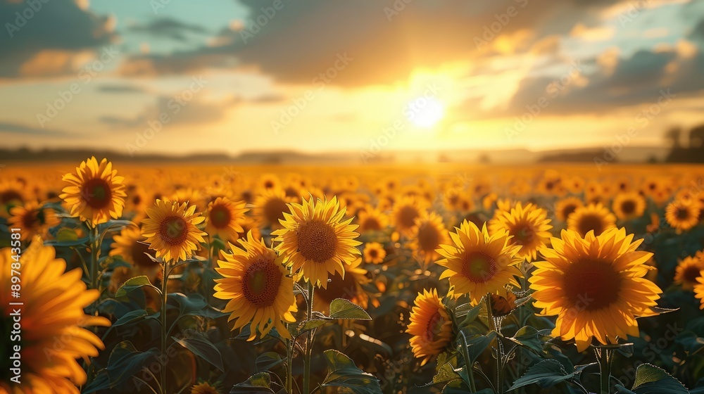 Sunflowers facing the sun in a wide field