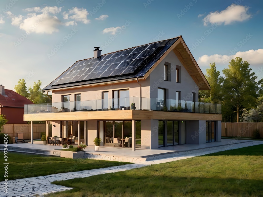 Close-up of a new suburban house with a photovoltaic system on the roof. Simple and modern environmentally friendly house with solar panels on the gable roof, with sunlight during the day Close-up of a new suburban house with a photovoltaic system on the roof. Simple and modern environmentally friendly house with solar panels on the gable roof, with sunlight during the day