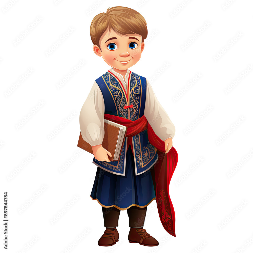 An illustration of a boy student in traditional clothing holding a book An illustration of a boy student in traditional clothing holding a book