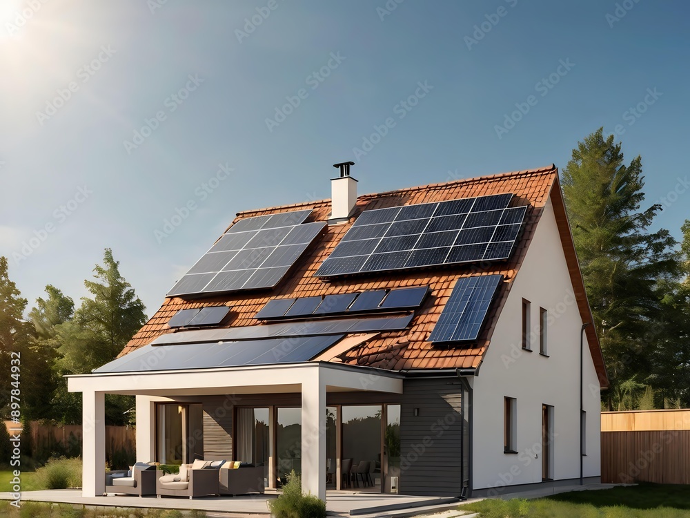 Close-up of a new suburban house with a photovoltaic system on the roof. Simple and modern environmentally friendly house with solar panels on the gable roof, with sunlight during the day Close-up of a new suburban house with a photovoltaic system on the roof. Simple and modern environmentally friendly house with solar panels on the gable roof, with sunlight during the day