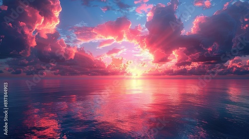 Sunset with vibrant clouds over the ocean