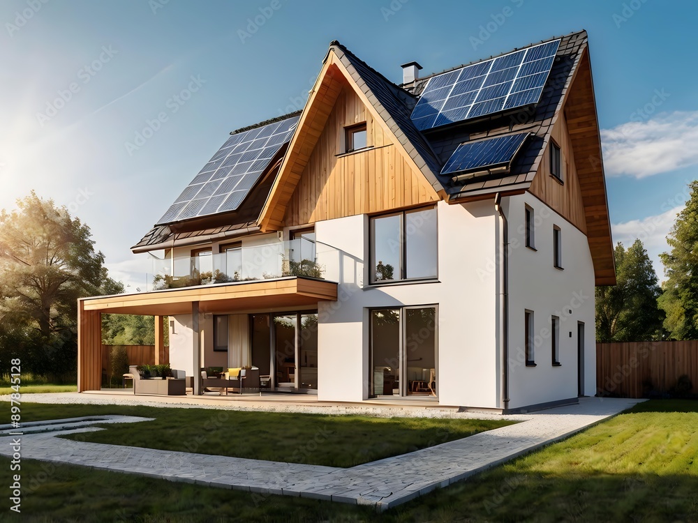 Close-up of a new suburban house with a photovoltaic system on the roof. Simple and modern environmentally friendly house with solar panels on the gable roof, with sunlight during the day Close-up of a new suburban house with a photovoltaic system on the roof. Simple and modern environmentally friendly house with solar panels on the gable roof, with sunlight during the day