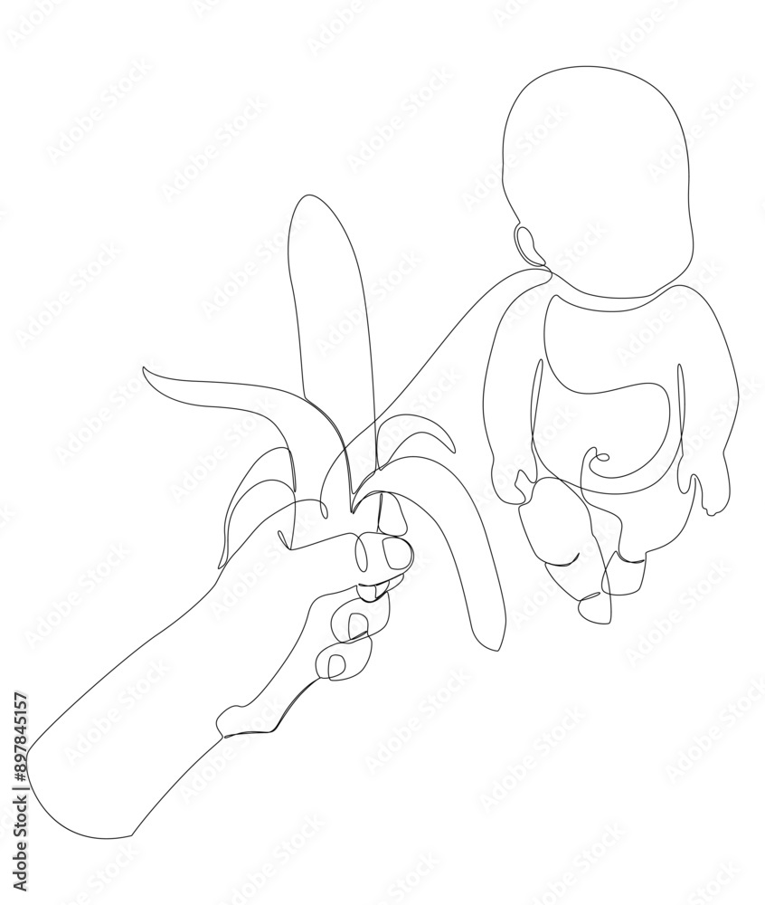 One continuous line of baby with banana. Thin Line Illustration vector concept. Contour Drawing Creative ideas. One continuous line of baby with banana. Thin Line Illustration vector concept. Contour Drawing Creative ideas.