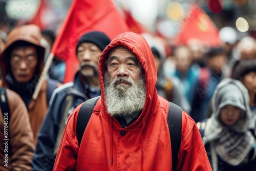 modern reimagining of karl marx as a passionate activist donning a vibrant red hoodie and leading a diverse group of workers in peaceful protest