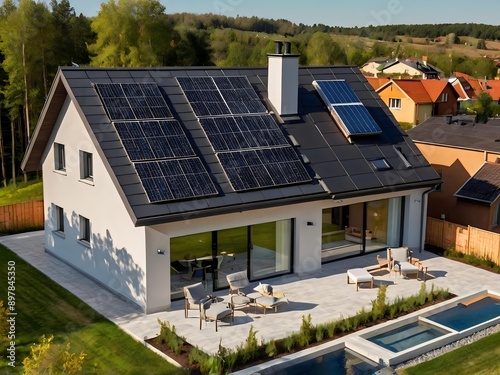 Wallpaper Mural Close-up of a new suburban house with a photovoltaic system on the roof. Simple and modern environmentally friendly house with solar panels on the gable roof, with sunlight during the day Torontodigital.ca