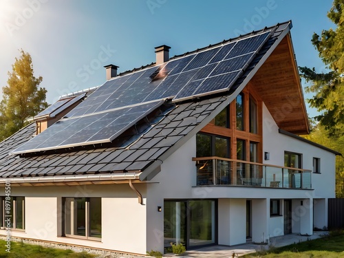 Close-up of a new suburban house with a photovoltaic system on the roof. Simple and modern environmentally friendly house with solar panels on the gable roof, with sunlight during the day