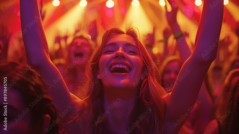 A woman in a concert crowd, with her arms raised and mouth open in a joyful scream. A woman in a concert crowd, with her arms raised and mouth open in a joyful scream.