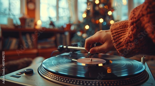 Woman's hand adjusting turntable needle in cozy living room with bookshelves and Christmas tree background photo