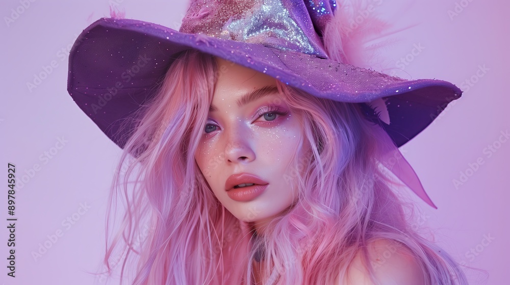 sparkly glitter makeup for a Halloween look that features a pastel purple lace dress and a pointy purple witch costume with a pastel purple backdrop sparkly glitter makeup for a Halloween look that features a pastel purple lace dress and a pointy purple witch costume with a pastel purple backdrop