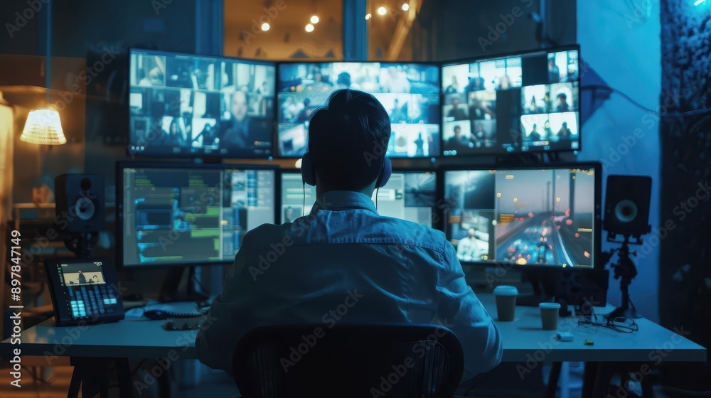 professional video editor working intently at a multiscreen setup creative workspace filled with hightech equipment and a focused atmosphere professional video editor working intently at a multiscreen setup creative workspace filled with hightech equipment and a focused atmosphere